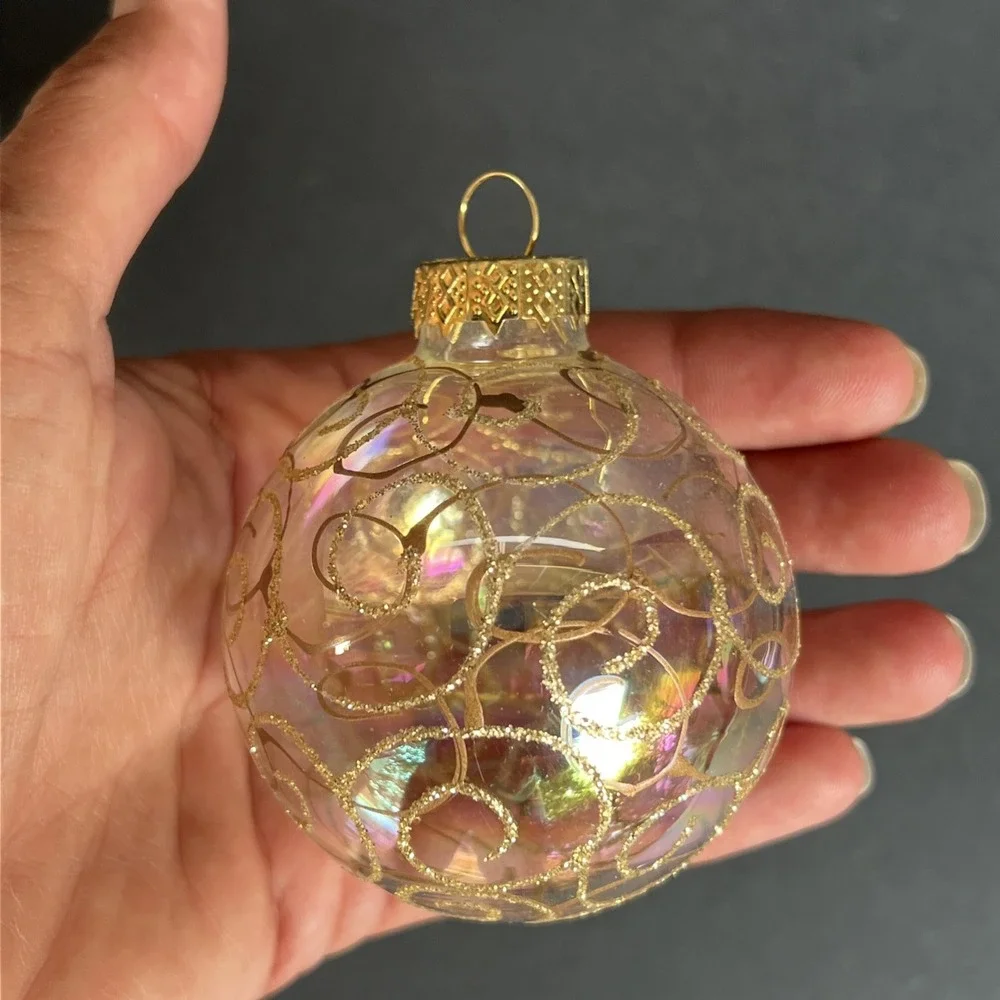 VTG Garden Ridge Glass Ball Gold Glitter Iridescent Stenciled Ornaments Set 5